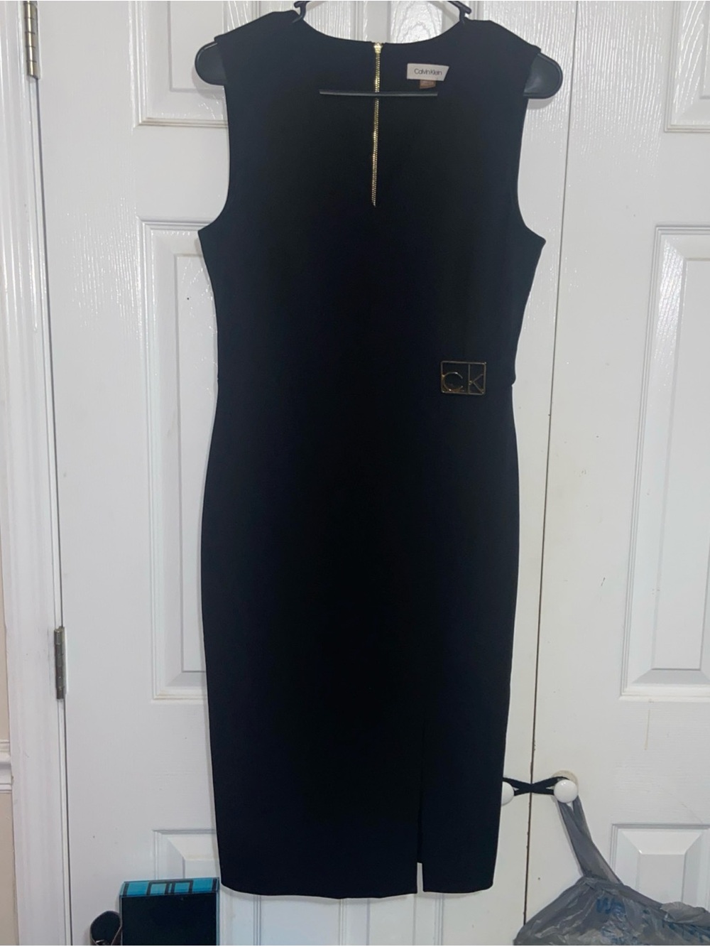 Calvin Klein Black Sleeveless Sheath Dress with Gold Accents